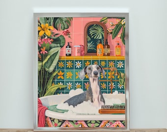 Italian Greyhound Bathroom Prints, Greyhound Wall Art, Italian Greyhound On Toilet Art, Maximalist Botanical Decor, Unique Dog Wall Art