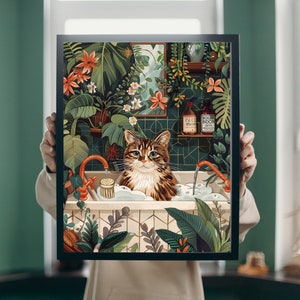 Botanical Tabby Cat In Bathroom Poster, Boho Bathroom Wall Art Decor, Maximalist Botanical Decor, Tabby Cat in Bathtub Boho Bathroom Poster