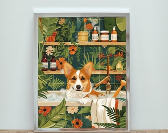 Botanical Welsh Corgi Bathroom Print, Bathroom Decor Print, Maximalist Botanical Decor, Welsh Corgi In Toilet, Dog Bathroom Prints