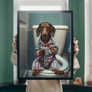 Dachshund Playing on Toilet with Phone, Funny Dog Bathroom Wall Art Poster, Dachshund Bathroom Decor, Funny Dog Bathroom Toilet Wall Art