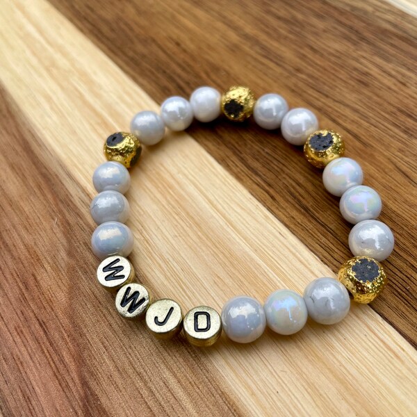 What would Jesus do beautiful glass beaded classic Christian bracelet white and gold, Christian jewelry, casual everyday jewelry, modern