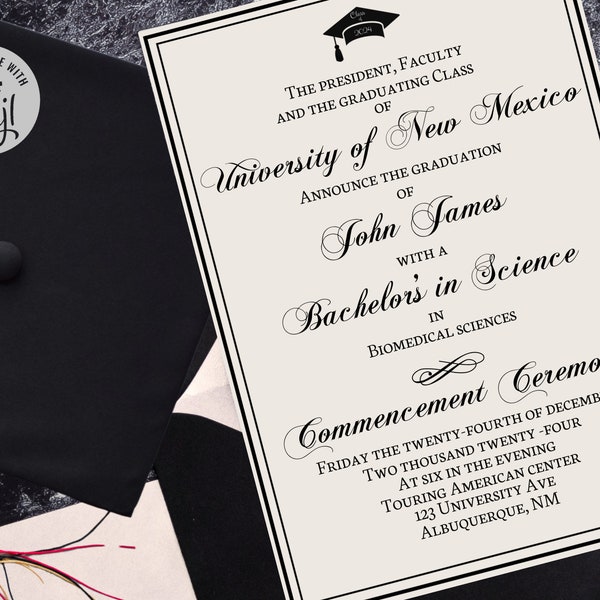 Personalizable Formal Graduation Invitation for Bachelor's or Master's or Doctorate Degree | Commencement Class of 2024 | Digital Invitation