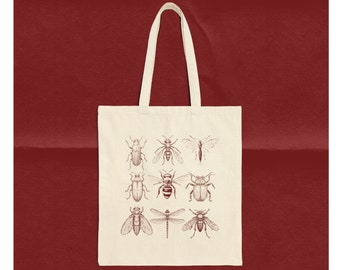 Vintage Style Bug Tote Bag | Beetle Bee Moth Insect Tote | Color Red Graphic | 100% Cotton Tote
