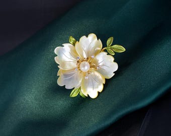 Natural Pearl & Mother of Pearl Flower Convertible Brooch/Pendant with CZ Accents