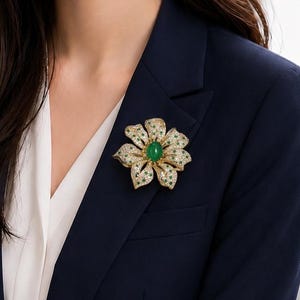 Jade Flower Brooch Encrusted with Sparkling Cubic Zirconia CZ with FREE Matching Earrings!