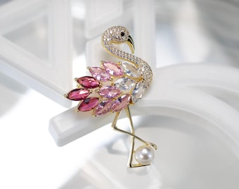 Tropical Gift for Her | Sparkling Flamingo Brooch with Freshwater Pearl • Cubic Zirconia • Convertible Pendant
