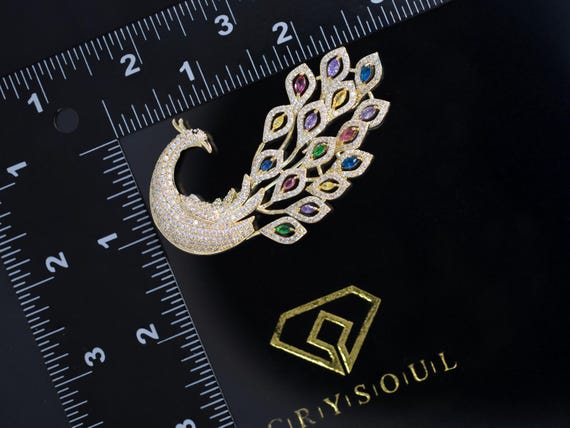 Vintage-Inspired Rainbow Phoenix • Peacock Brooch • Gold-Plated Copper Micro Pavé with Iridescent Cubic Zirconia Crystals