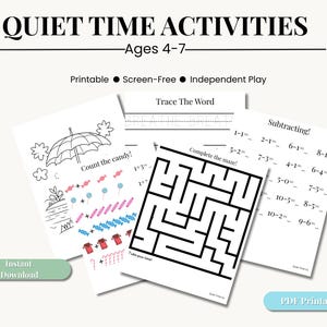 以下が含まれることがあります： 4～7歳向けの、印刷可能な静かな時間のアクティビティのコレクション。画像には、カウント、トレース、迷路、引き算の問題など、さまざまな演習を含むワークシートが表示されています。テキストには「Quiet Time Activities」、「Printable」、「Screen-Free」が含まれています。