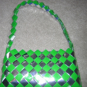 Handmade Green & Silver Candy Wrapper Foil Zipper-Top Shoulder Handbag Purse Bag