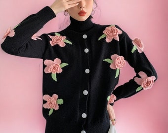 Rose Cardigan Crochet pattern, hand knit coat For Woman, Retro Roses, Black Sweater With pink flowers, gift for women, gift for Wife, floral