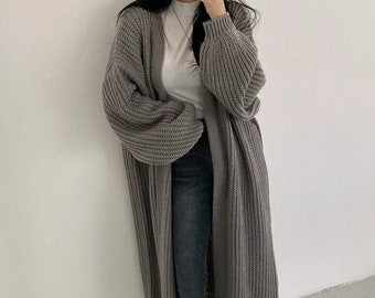 Cardigan long tricoté à la main, torsades vintage, sweat-shirt surdimensionné, minimalisme, esthétique coréenne, cadeau pour elle, pull épais, automne