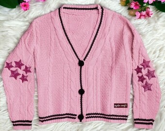 Folklore Strickjacke mit Zopfmuster, V-Ausschnitt - übergroßer niedlicher handgestrickter - Taylor Swift Pullover - Geschenk für Mädchen - Preppy Pullover für Fan - Strickmantel