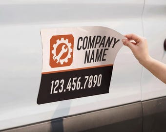 May include: A rectangular vehicle magnet featuring a white background with an orange square icon containing a white gear and wrench graphic. The text COMPANY NAME appears in black, and the number 123.456.7890 is printed in white on a black bar.
