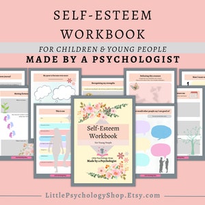 Self esteem workbook, self identity, self confidence worksheets, therapy mental health resources, children, teens, adolescents young people