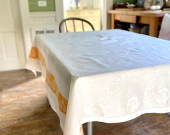 Vintage Linen Damask Pansies Tablecloth