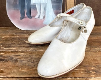 1930 White Leather Mary Jane Wedding Shoes Size 8