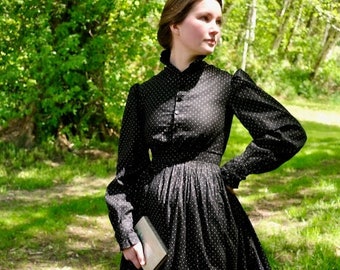 Victorian Black Polka Dot Calico Dress XS
