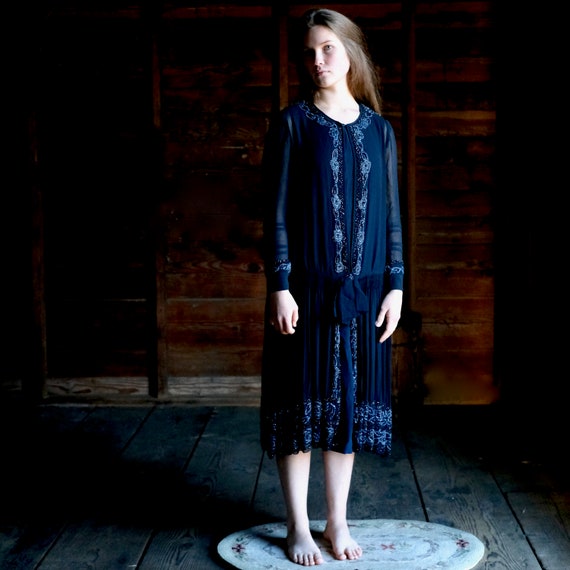 1920s Navy Blue Chiffon Beaded Dress