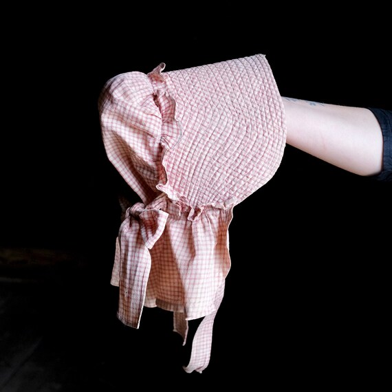 Antique Child or Doll Pink Check Farm Bonnet