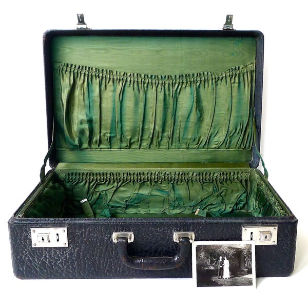 Vintage Black Leather Suitcase with Green Interior
