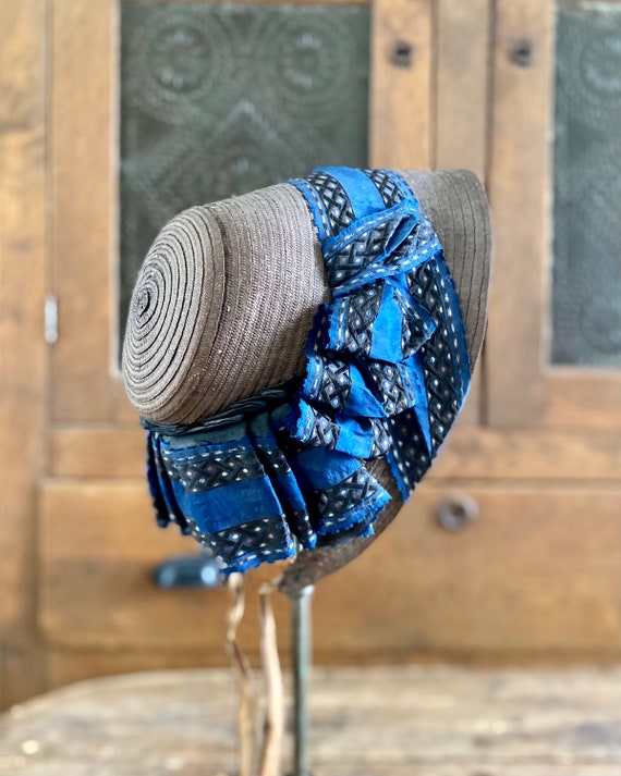 1840s Brown Straw Bonnet With Blue Silk Ribbons