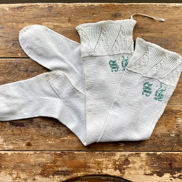 Antique Hand Knit Beaded Monogram Socks