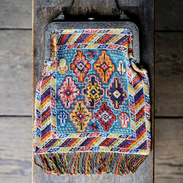 Antique Beaded Purse Colorful Persian Rug With Fringe