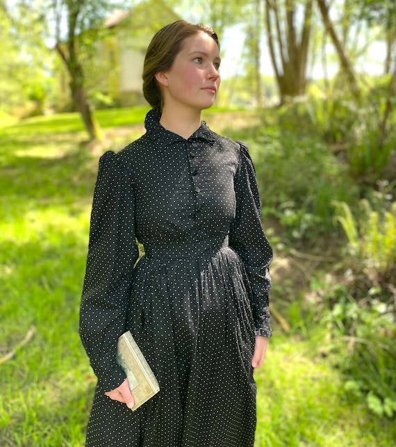 Victorian Black Polka Dot Calico Dress XS 24" Waist