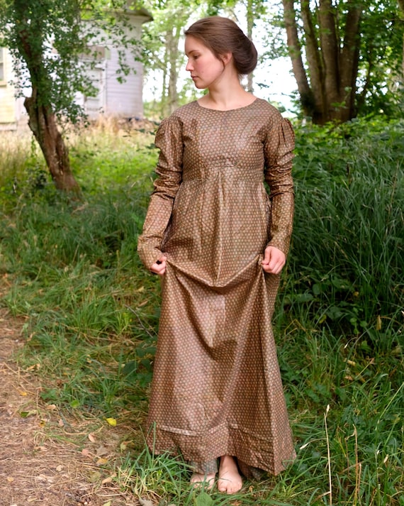 Antique 1810s Empire Era Dress Polished Cotton Chintz Print Xs