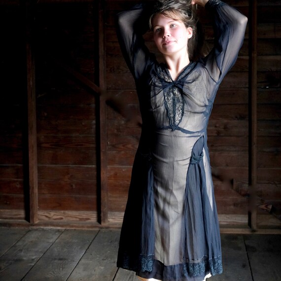 1930s Sheer Black Silk Chiffon Dress XS