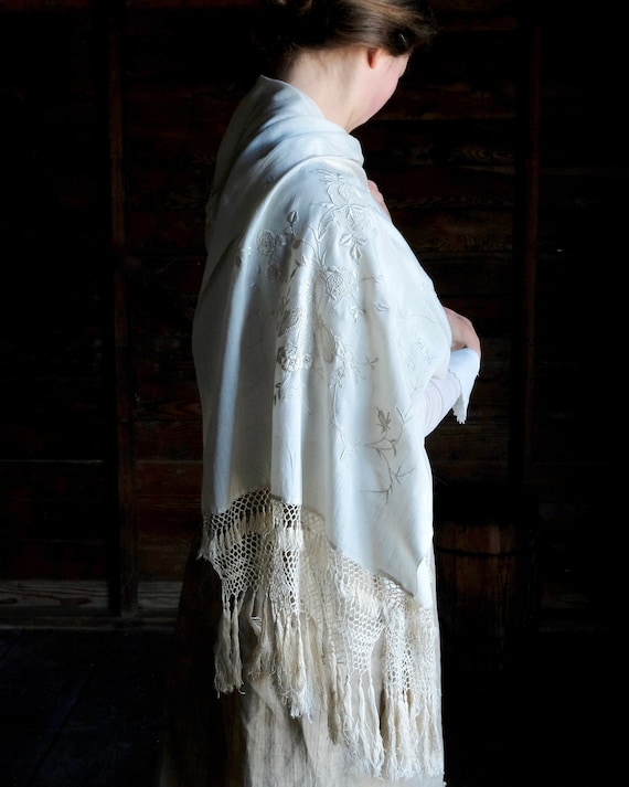 Antique Embroidered Silk Fringed Shawl Scarf