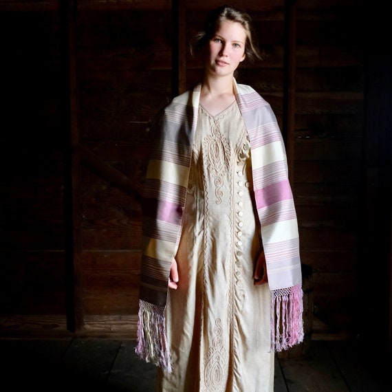 Lavender and Cream Silk Striped Scarf With Fringe