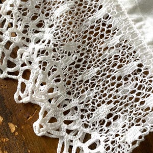 May include: White crocheted lace trim with a delicate pattern. The lace is intricate and has a scalloped edge.