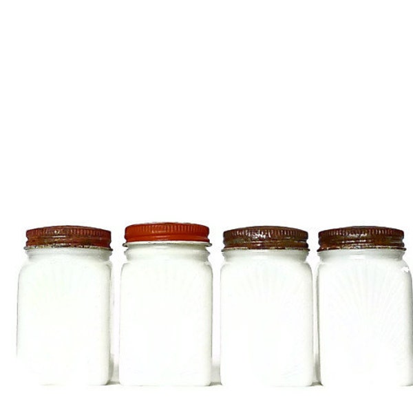 Vintage Milk Glass Sun Ray Spice Jars Set of Four