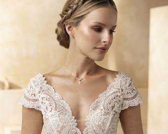 Light Ivory Lace Bolero – Short Sleeve Bridal V-Neck Cover-Up with Illusion Tulle
