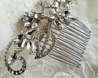 VINTAGE 1930s FAUX TORTOISESHELL Celluloid Glass Diamond Paste Two Pronged hair Comb Bridal Estate Jewellery