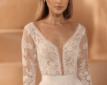Clarrisa lace wedding bolero,  full sleeves bridal top, lace cover up with v neck & back