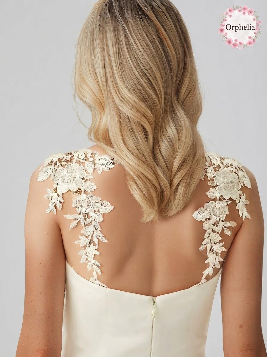 Light Ivory Lace Shoulder Straps - Venice Guipure Bridal Dress Appliques (20" Mirrored Pair)