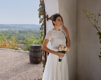 Bolero nupcial de encaje guipur con mangas cortas, top de boda de encaje, cubierta de encaje