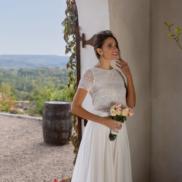 Guipure lace bridal bolero with short sleeves, lace wedding top, lace cover up