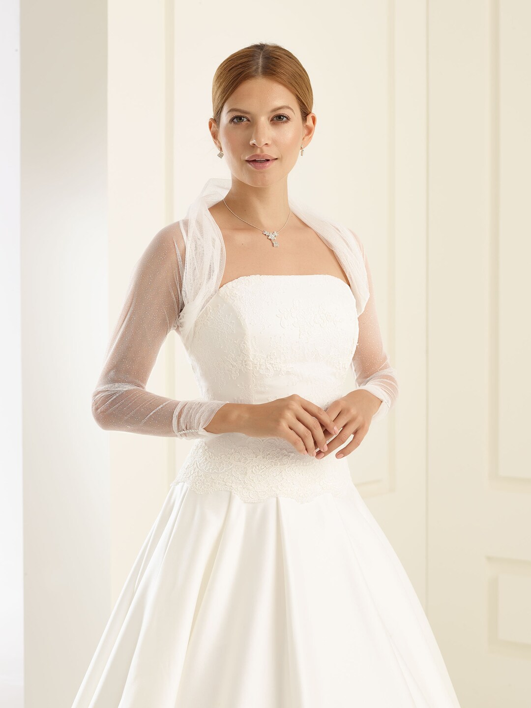 Long Sleeved Bridal Bolero With Crystal Sleeves Tulle Silver Etsy