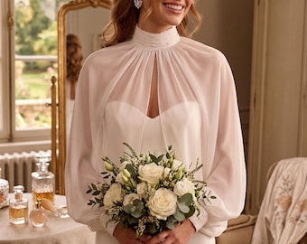 Chiffon Bridal top: Ivory Wedding cape, Long Sleeves, high neck