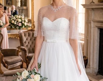 ivory tulle with pearls shrug, bridal cape, cover up
