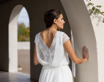 Short sleeved boho lace & silk bridal bolero, cover up, bridal top