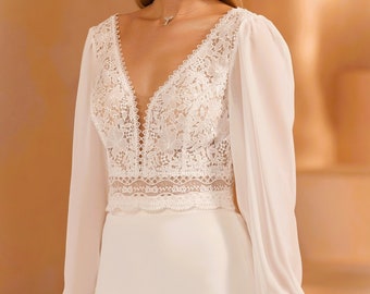 Clara Rose chiffon & lace wedding bolero,  full sleeves bridal top, lace cover up with v neck