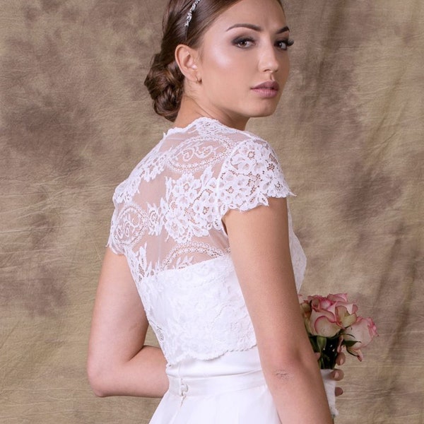 Short sleeved Ivory bridal bolero,  lace wedding jacket, lace cover up
