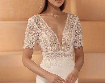 Short sleeved lace bridal bolero with v neckline, bridal top