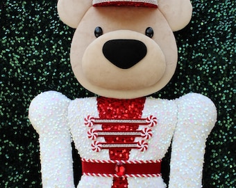 XL Peppermint Candy Sequined Bear Nutcracker Wreath Attachment - Handmade Bear Nutcracker - Christmas Nutcracker Bear