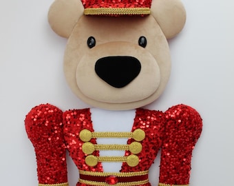 Ready to Ship - XL Sequined Bear Nutcracker Wreath Attachment - Handmade Bear Nutcracker - Christmas Nutcracker Bear