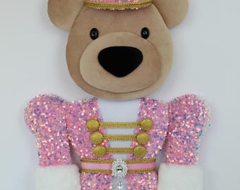 XL Pretty in Pink Sequined Bear Nutcracker Wreath Attachment - Handmade Bear Nutcracker - Christmas Nutcracker Bear - Pre-Order